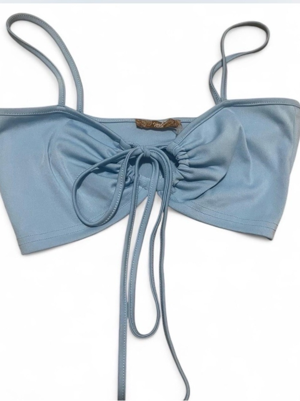 Women’s Light Blue Ruched Tie-Front Crop Top